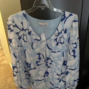 LOFT Blue flowy Ruched sleeve V-neck Blouse